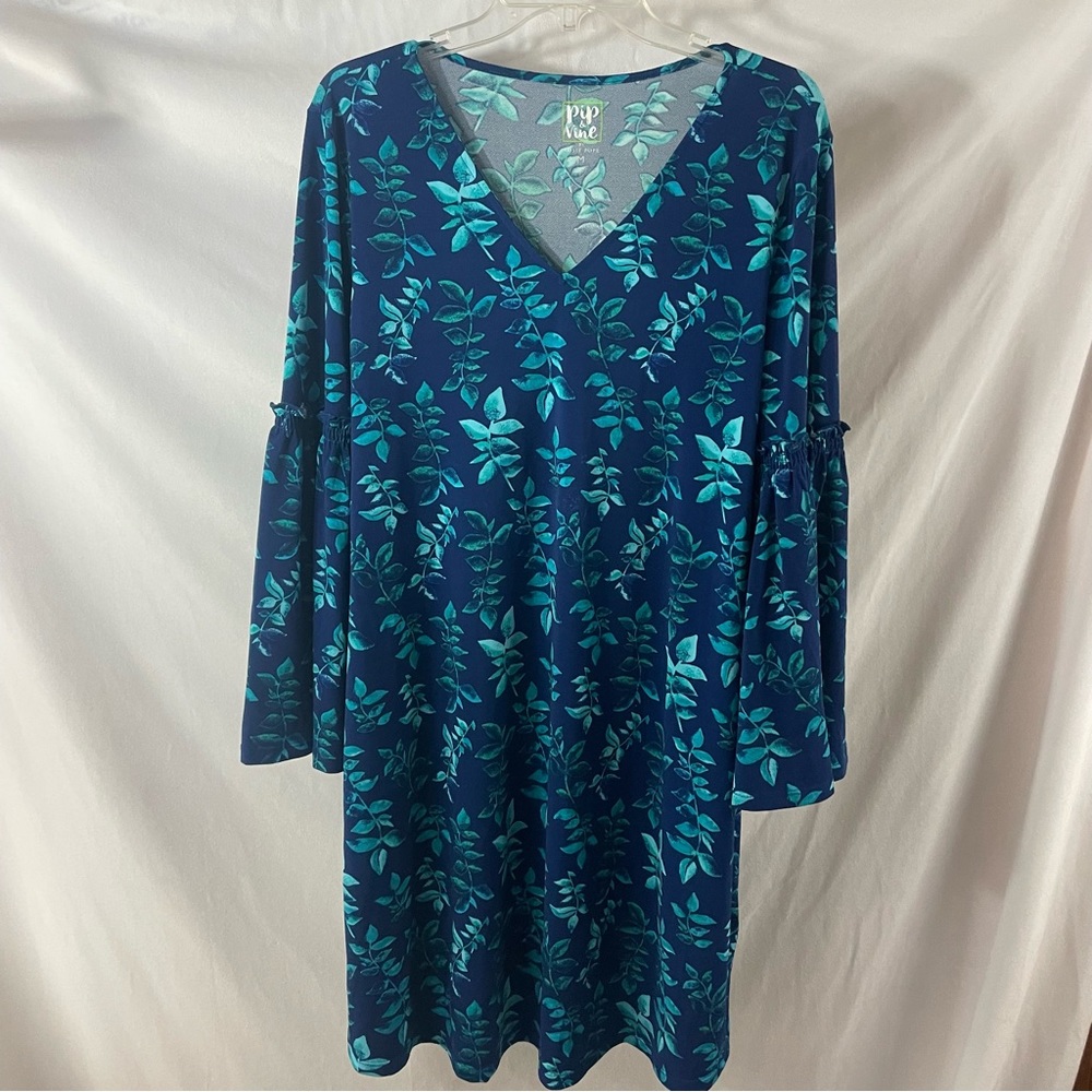 Pip & Vine Blue Print Bell Sleeve Maternity Dress